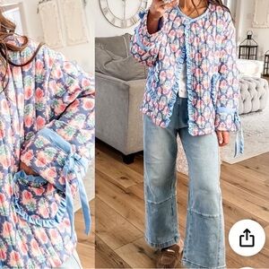 BLUE QUILTED FLORAL JACKET WITH BLUE TRIM AND ADORABLE POCKETS